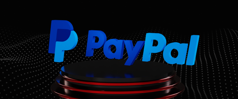 PayPal logo on black background. The logo features the word "PayPal" in blue and white, with the letter "P" stylized as a blue and white double arrow.
