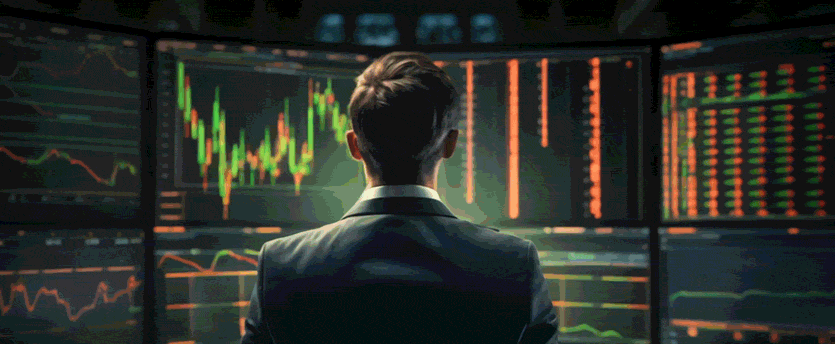 A man in a suit intently analyzing stock market screens on a platform, engaged in forex trading.