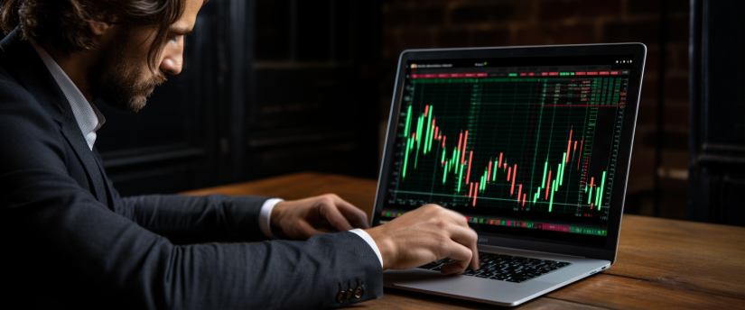 A man in a suit analyzing stock market graphs on a laptop, using a platform for day trading analysis.