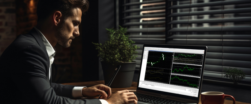 A man in a suit focused on his laptop, working diligently. He is using the MT4 platform for his tasks.