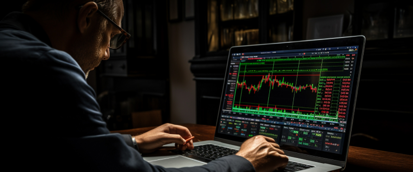 Man trading stocks on laptop without broker
