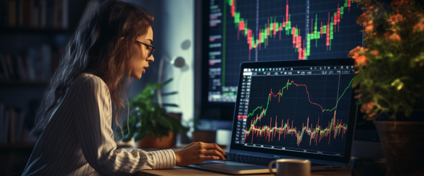 A woman is analyzing stock market graphs on her laptop, focusing on forex trading.