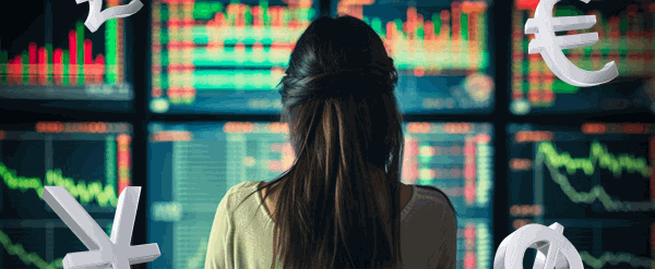 A woman trading forex with a broker, exchanging currency in the financial market.