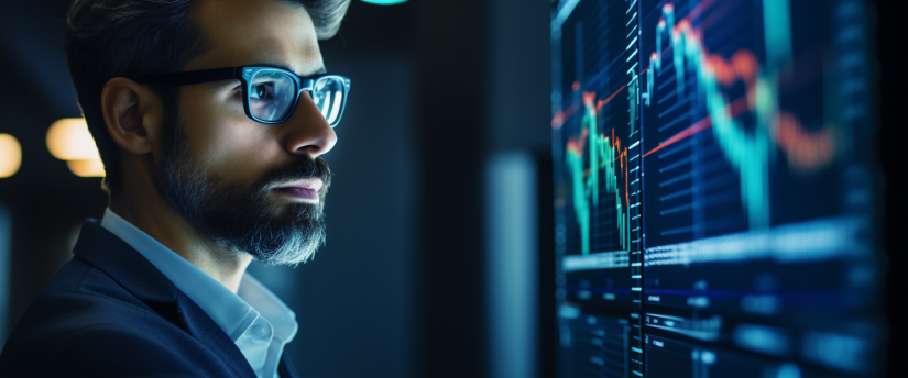 A focused man in glasses intently studies market graphs on a screen, analyzing the market with determination amidst the stress of trading.