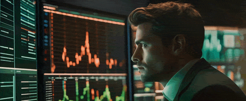 A man analyzing stock market data on a screen, using a platform to implement forex strategies.