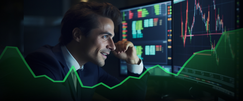A professional man in a suit analyzing a stock chart on a platform, focusing on forex strategies.