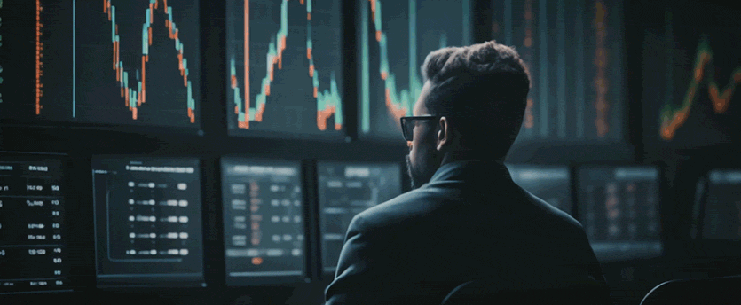 A man in a suit analyzing forex graphs on a screen, focusing on strategy as a trader.