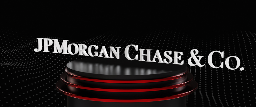 JPMorgan sign: A blue sign with the JPMorgan logo, featuring the company name in white letters on a dark blue background.