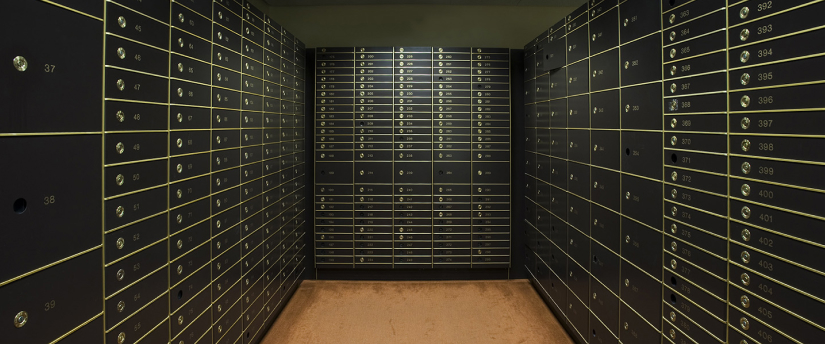 A JPMorgan hallway displaying an array of lockers, creating a vault-like atmosphere.