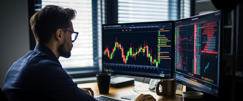A trader in glasses focuses on two computer screens displaying the MT4 platform, engrossed in his work.