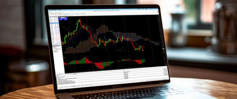 A laptop displaying a MT4 chart on its screen, providing visual data representation.