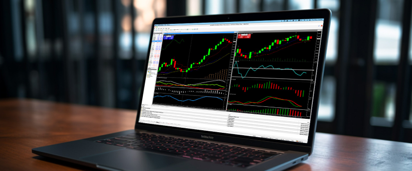 Laptop displaying MT4 trading screen, an online platform for traders.