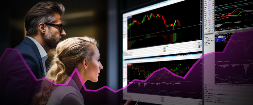 Two individual traders analyze a forex graph on a computer screen using MetaTrader 4.