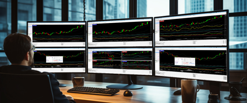 A man at a desk surrounded by multiple screens displaying various trading indicators.