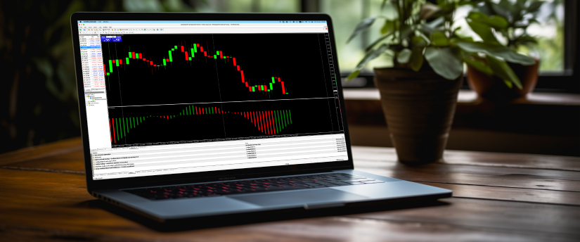 Forex trading on laptop with position strategy and MT4 platform.