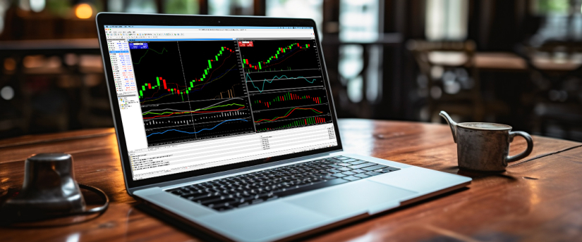Laptop screen displaying forex trading activities through MetaTrader 4 platform.