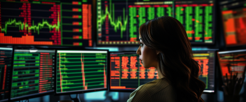Women intently study stock market screens, analyze data and make informed investment decisions.