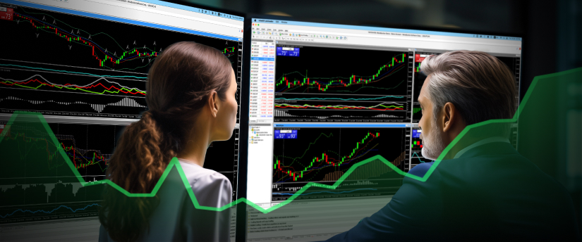 Two traders analyzing stock market graph on computer screen, implementing position strategy using MT4 platform.