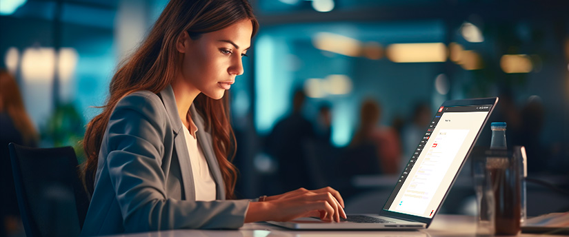 Uma mulher concentrada na sua secretária, a escrever no seu computador portátil, envolvida na negociação forex como corretora.