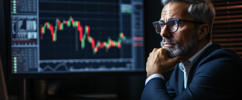 A focused man wearing glasses analyzes a chart amidst a group of traders on a platform.