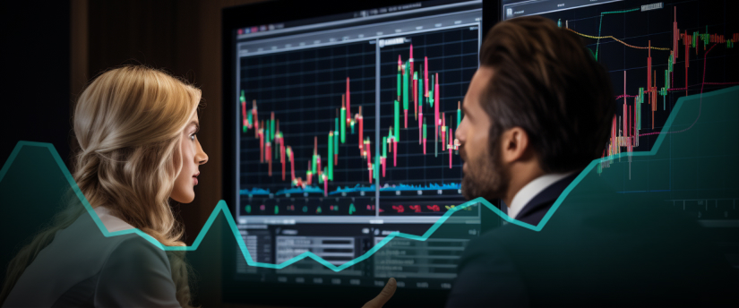 Two traders, a man and woman checking a chart on a monitor on a trading platform and check the 5-3-1 strategy