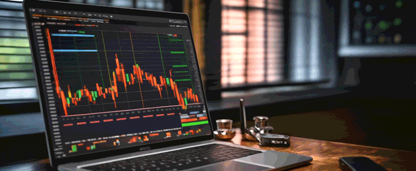 A person using a laptop to trade forex, with charts and graphs displayed on the screen, indicating financial market analysis and trading activities.