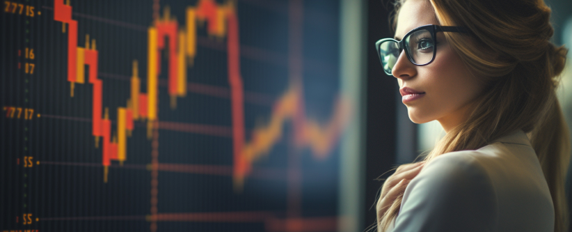 A woman in glasses analyzing a stock chart on an electronic screen, using monitors and the MT4 platform on her PC to track pips.