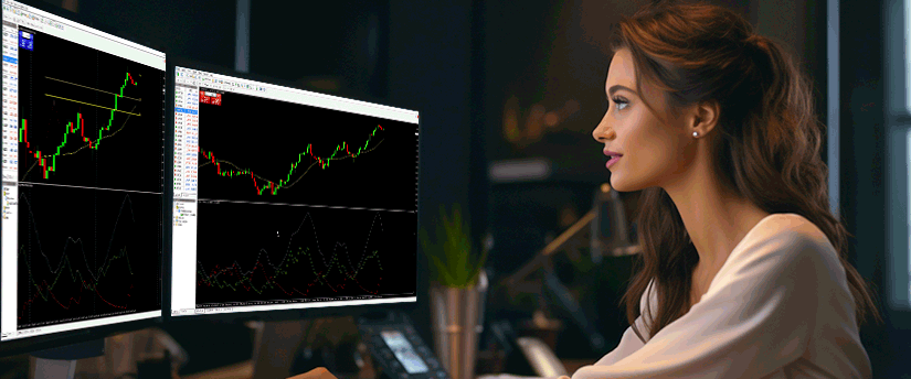 A focused woman analyzes trading screens at her desk, strategizing with two monitors.