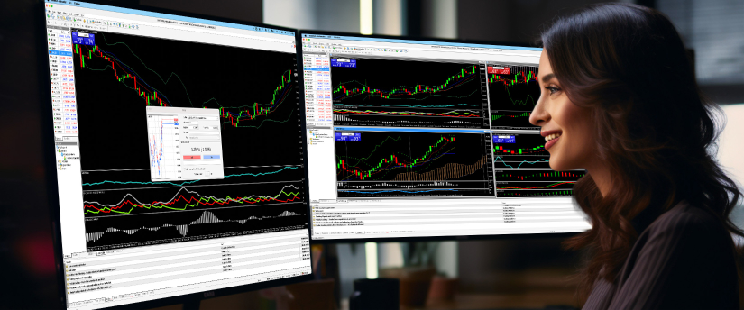 A woman using the MetaTrader 4 platform for momentum strategy trading.
