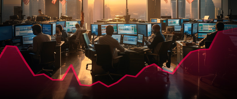 Several individuals seated at desks, focused on computer screens displaying forex trading charts, in a broker's office.