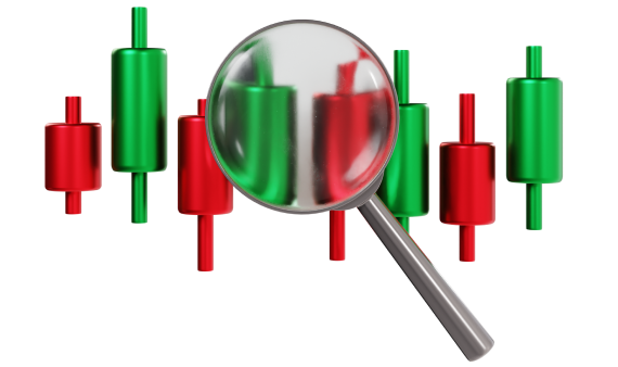 A magnifying glass focuses on a chart displaying red and green candlestick patterns, indicating market trends.