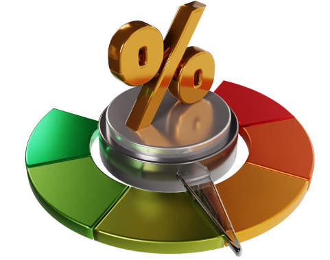 A pie chart featuring a prominent percentage symbol in the center, illustrating data distribution visually.