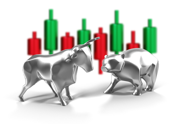 Bull and bear trading indicator graphic illustrating market trends with a bull symbolizing growth and a bear representing decline.