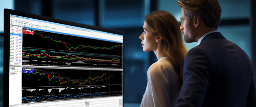 Two individuals analyzing a trading chart on a computer screen using the MT4 platform for analysis.