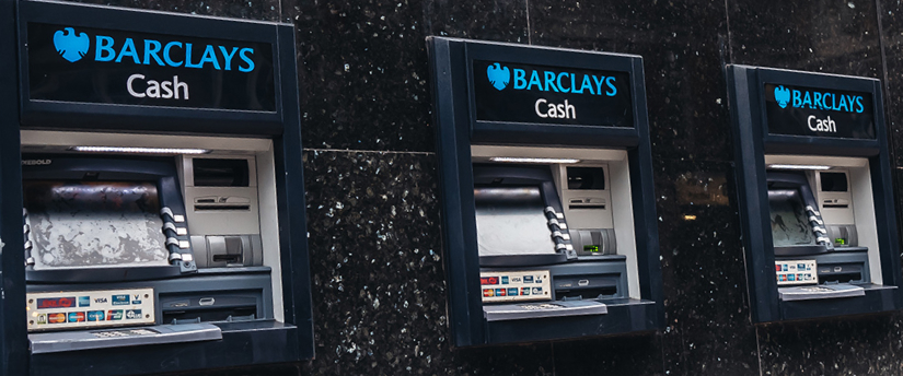Automated teller machines by Barclays, displaying the bank's logo and offering cash withdrawal services.