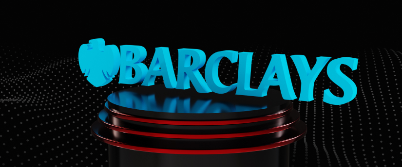 Barclays logo on black background. Settlement of £1bn for mis-selling interest rate hedging products.
