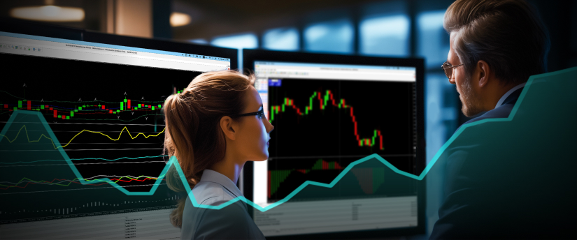 Two individuals analyzing a stock chart displayed on a screen, focusing on market trends and financial data.