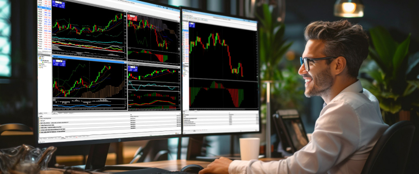 A man at a desk with two monitors displaying trading screens with indicators and technical data.