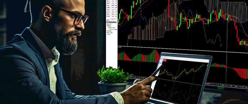 A man in a suit analyzes a trading chart on a screen, focusing on forex trading and market analysis.