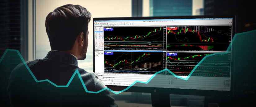 MT4 platform displaying a complex trading strategy chart with various indicators and tools.