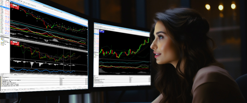 A woman analyzing trading indicators on two monitors.