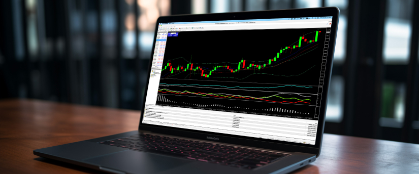 Forex trading on laptop with MT4 platform showing analysis charts.