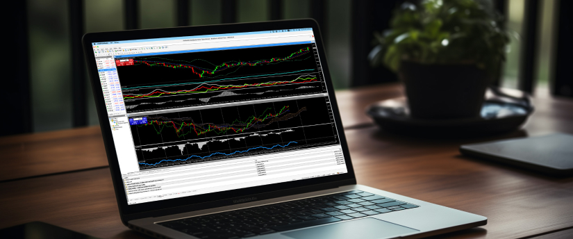 Image depicting a laptop screen showing charts and graphs related to forex trading, with emphasis on mt4 platform and strategy.