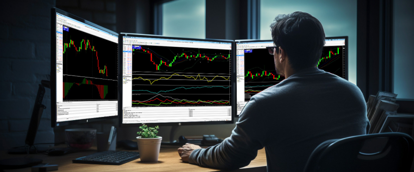 A man at a desk with three screens displaying trading indicators, analyzing data on the MT4 platform.