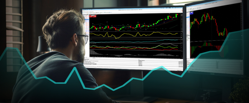 A man analyzing indicators on two monitors displaying a technical chart.