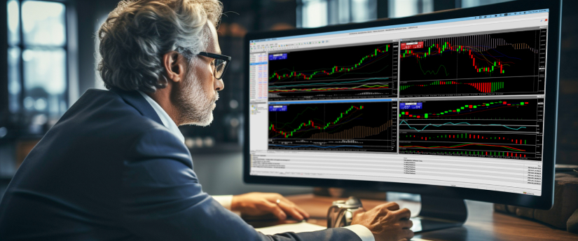 A man in a suit analyzing trading screens on a computer, focusing on indicators.