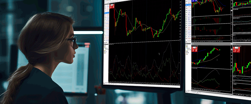 A woman analyzing forex trading indicators on multiple screens displayed on her screen.