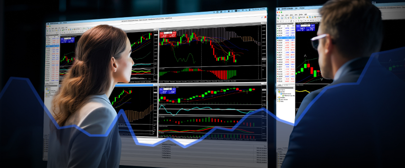 Two individuals analyzing trading data on a screen, utilizing MT4 platform and Bollinger Bands indicators.