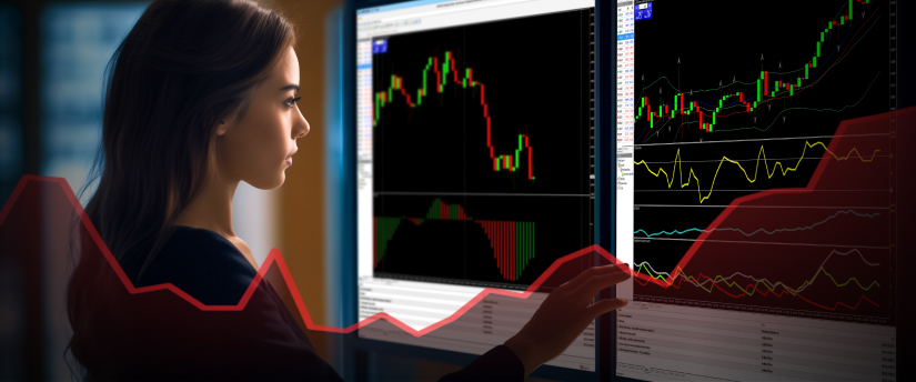 A woman analyzing a stock chart on a screen, focusing on Ichimoku cloud technical indicator.