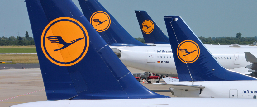 Tails of a Lufthansa airplanes, featuring the iconic logo and design